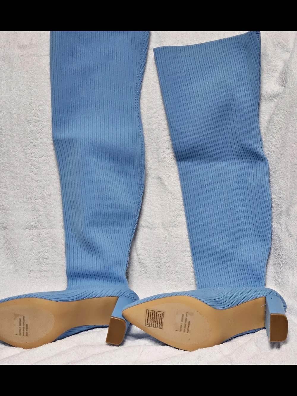 Sky Blue Ribbed Stretch Knee-High Block Heel Boots